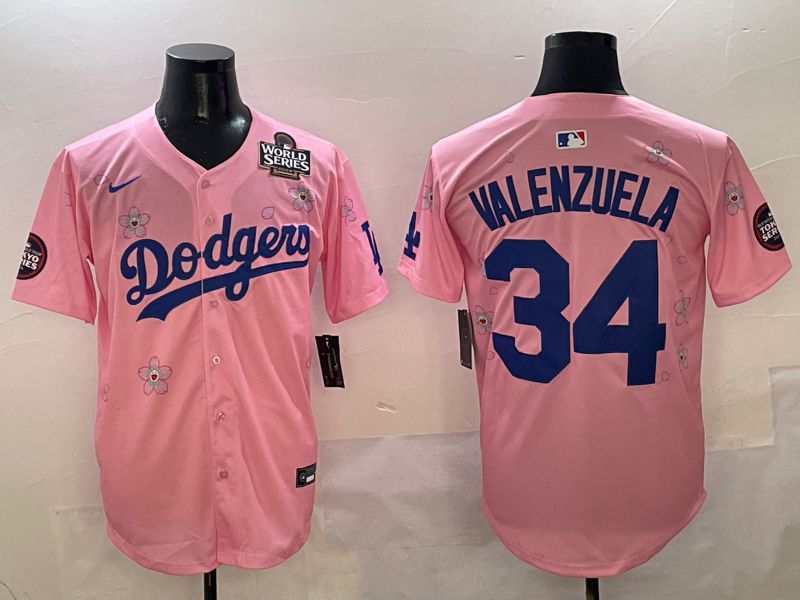 Men Los Angeles Dodgers #34 Valenzuela Pink Sakura Edition 2025 Nike MLB Jersey style 7